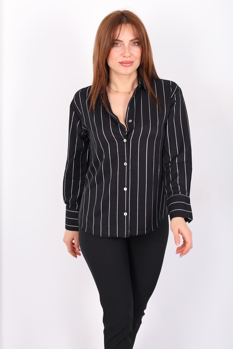 Parlak Çizgili Kadın Siyah Saten Gömlek - 4