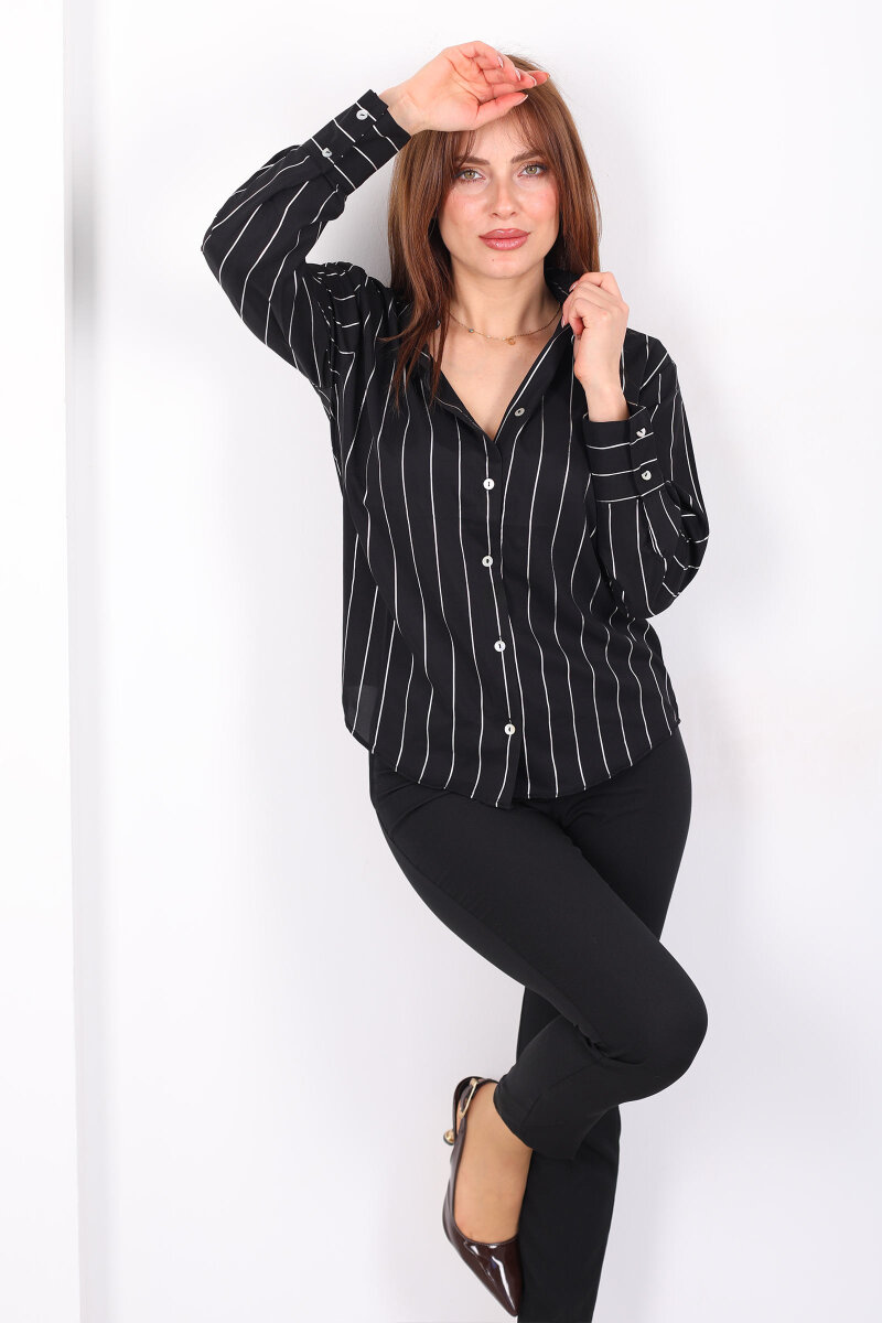 Parlak Çizgili Kadın Siyah Saten Gömlek - 3