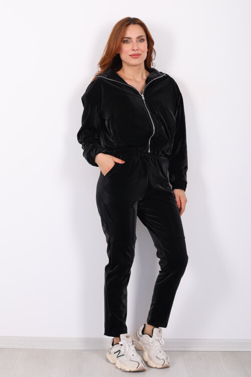Parlak Sıvama Siyah Kadın Deri Kapüşonlu Takım - Berox