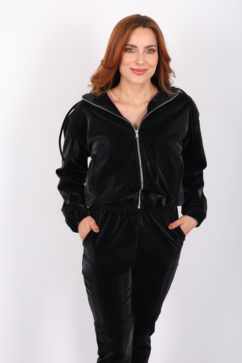 Parlak Sıvama Siyah Kadın Deri Kapüşonlu Takım - 7