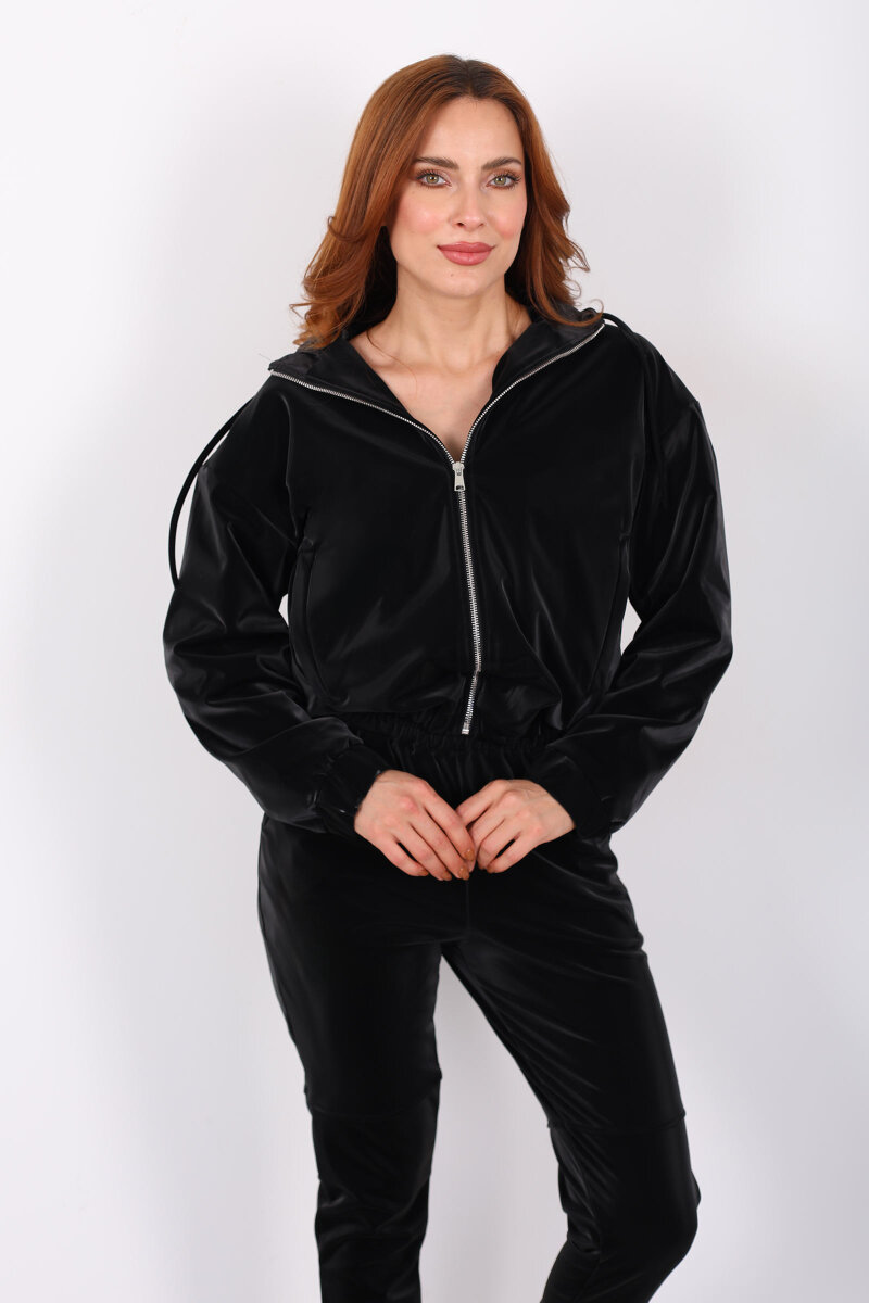 Parlak Sıvama Siyah Kadın Deri Kapüşonlu Takım - 5