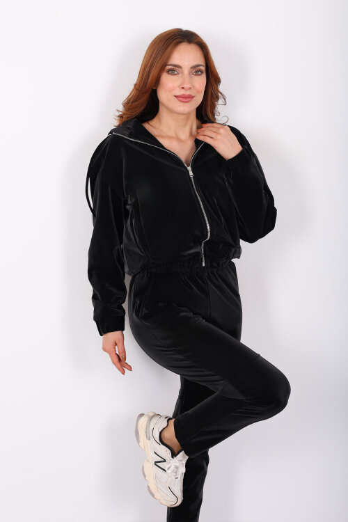 Parlak Sıvama Siyah Kadın Deri Kapüşonlu Takım - 3