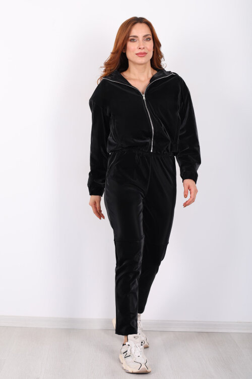 Parlak Sıvama Siyah Kadın Deri Kapüşonlu Takım - 4