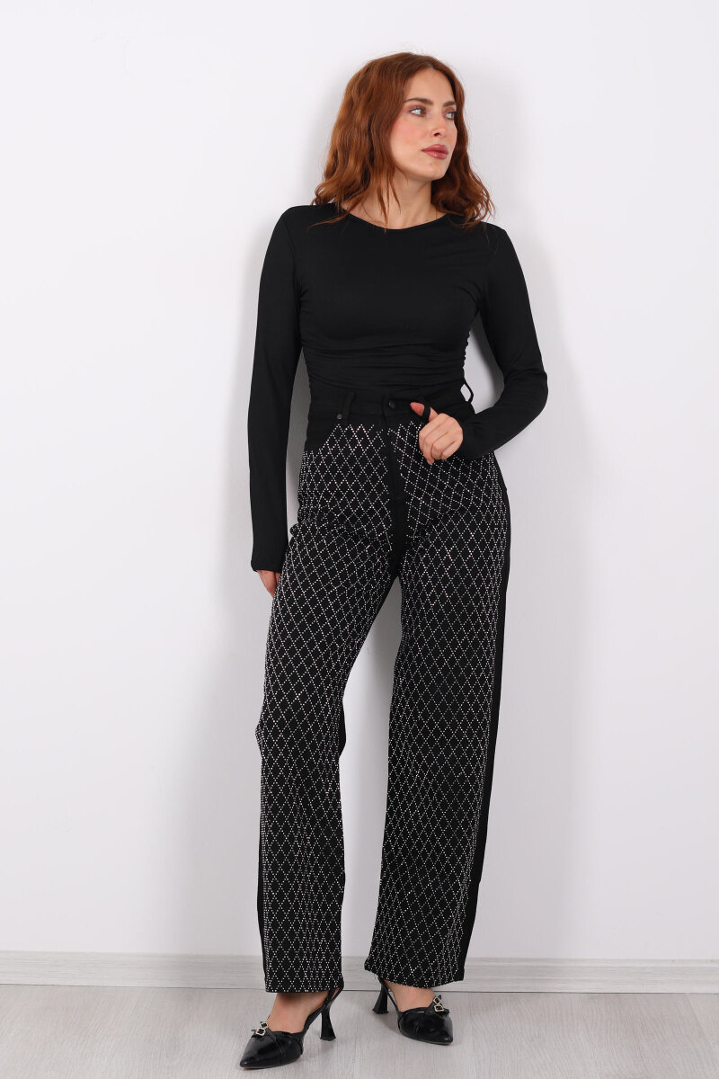 Parlak Taş Desenli Palazzo Siyah Kadın Kot Pantolon - 5
