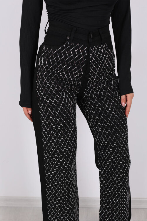 Parlak Taş Desenli Palazzo Siyah Kadın Kot Pantolon - Berox (1)