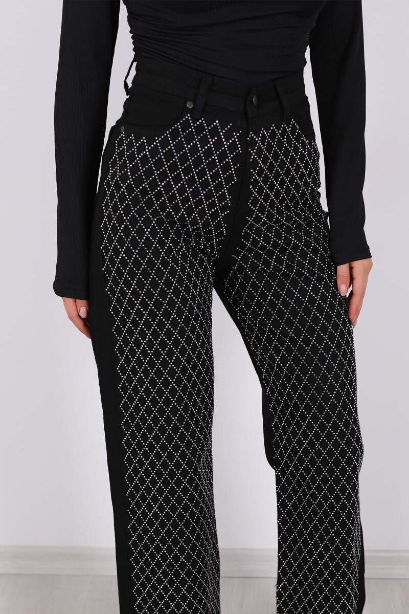 Parlak Taş Desenli Palazzo Siyah Kadın Kot Pantolon - 2
