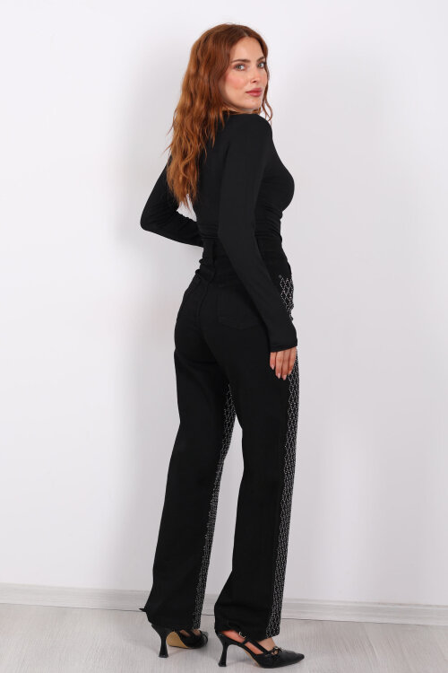 Parlak Taş Desenli Palazzo Siyah Kadın Kot Pantolon - 6