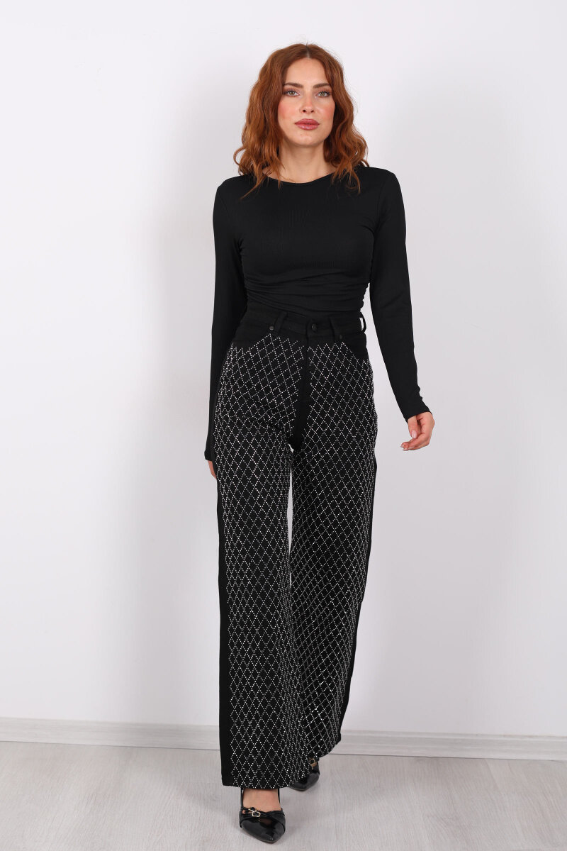 Parlak Taş Desenli Palazzo Siyah Kadın Kot Pantolon - 7