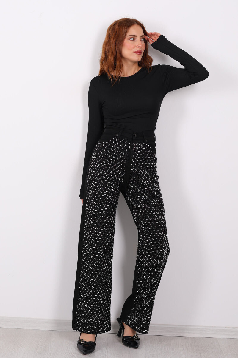 Parlak Taş Desenli Palazzo Siyah Kadın Kot Pantolon - 4