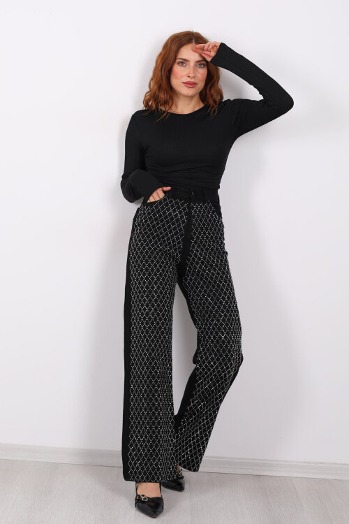 Parlak Taş Desenli Palazzo Siyah Kadın Kot Pantolon - Berox