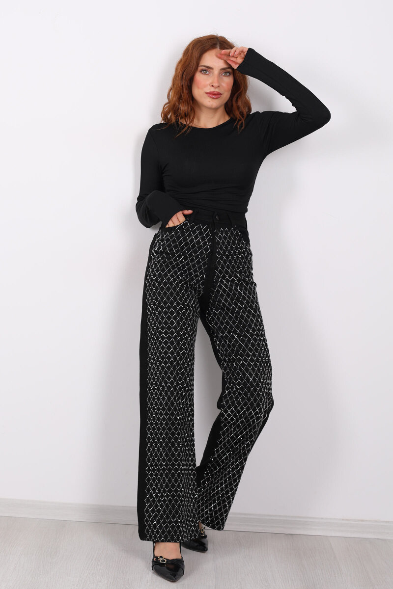 Parlak Taş Desenli Palazzo Siyah Kadın Kot Pantolon - 1