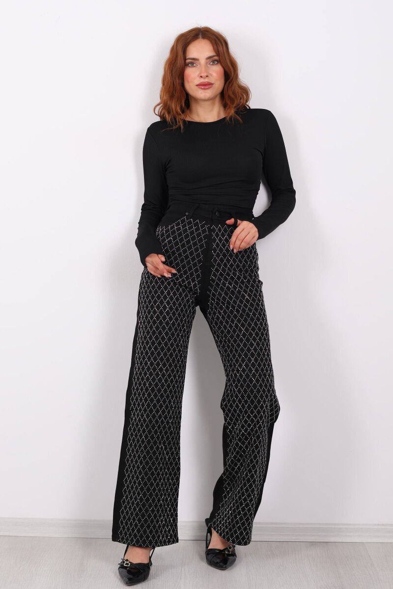 Parlak Taş Desenli Palazzo Siyah Kadın Kot Pantolon - 3