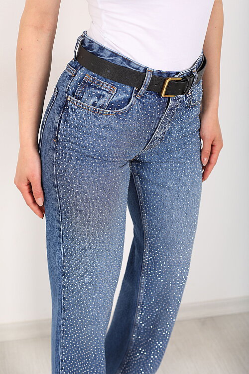 Parlak Taşlı Straight Mavi Kadın Kot Pantolon - Berox (1)