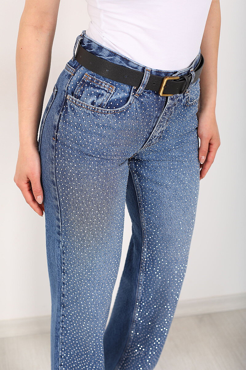 Parlak Taşlı Straight Mavi Kadın Kot Pantolon - 2