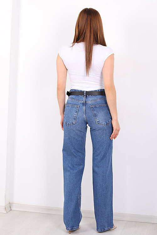 Parlak Taşlı Straight Mavi Kadın Kot Pantolon - 4