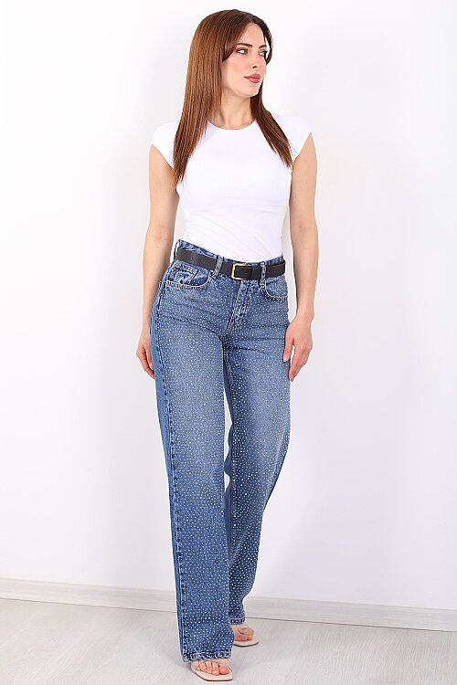 Parlak Taşlı Straight Mavi Kadın Kot Pantolon - 5