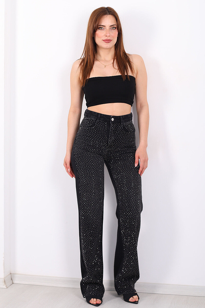 Parlak Taşlı Straight Siyah Kadın Kot Pantolon - 6