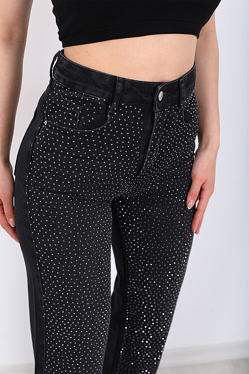 Parlak Taşlı Straight Siyah Kadın Kot Pantolon - Berox (1)