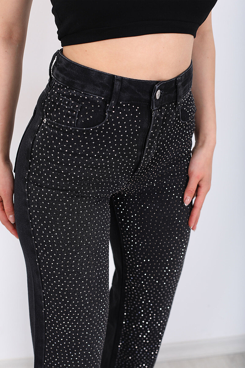 Parlak Taşlı Straight Siyah Kadın Kot Pantolon - 2