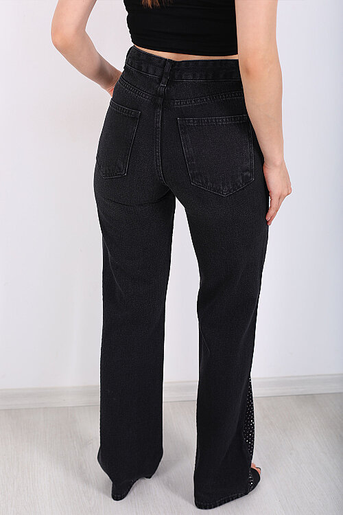 Parlak Taşlı Straight Siyah Kadın Kot Pantolon - 5