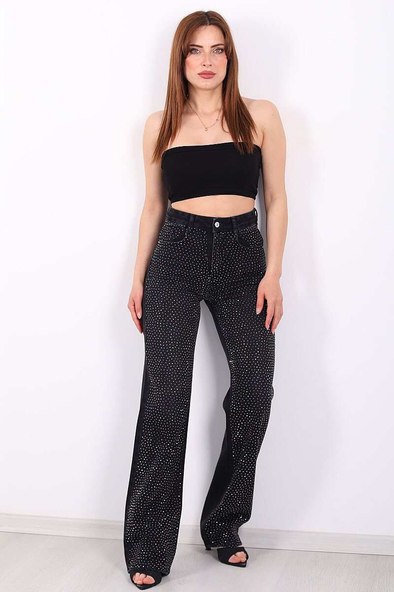 Parlak Taşlı Straight Siyah Kadın Kot Pantolon - 3