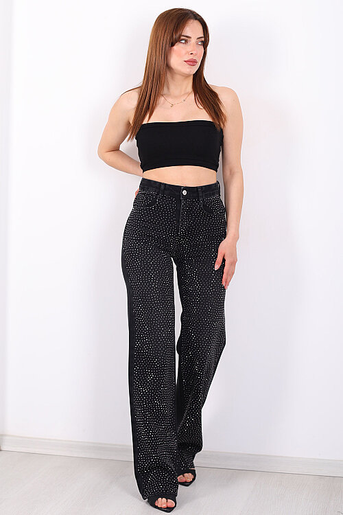 Parlak Taşlı Straight Siyah Kadın Kot Pantolon - 4