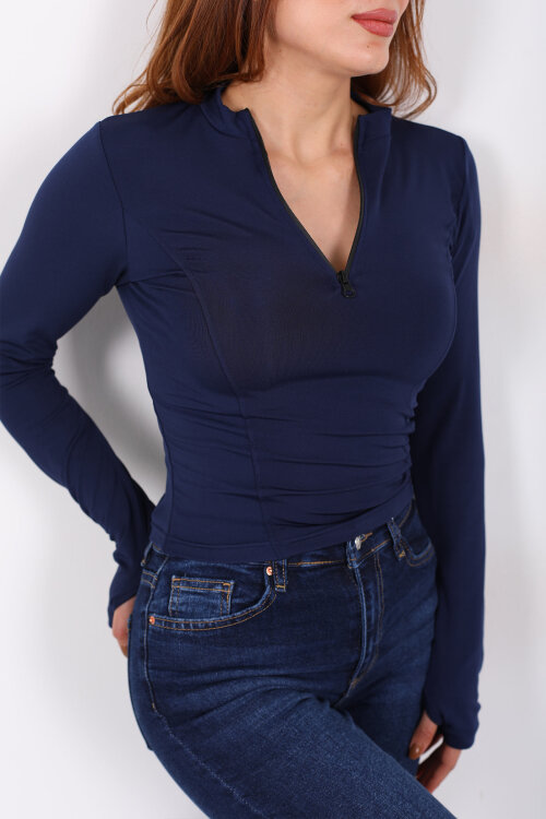 Parmak Geçirmeli Yarım Fermuarlı Lacivert Kadın Slim Bluz - Berox (1)