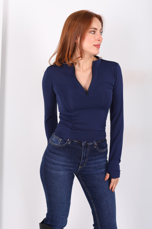 Parmak Geçirmeli Yarım Fermuarlı Lacivert Kadın Slim Bluz - 4