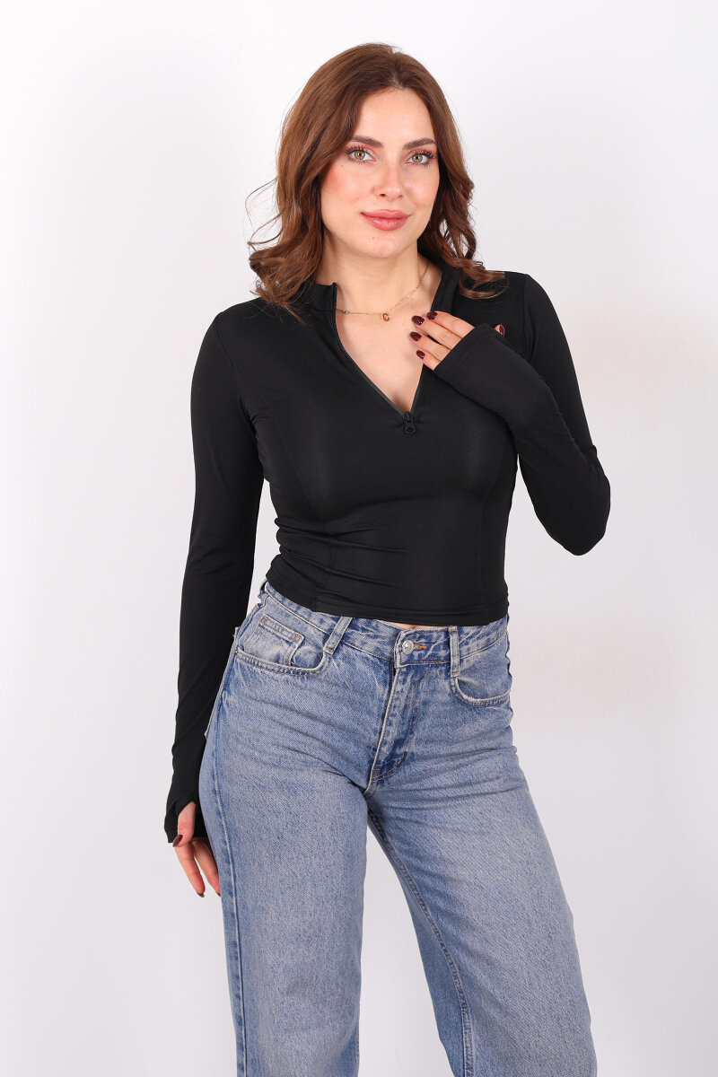 Parmak Geçirmeli Yarım Fermuarlı Siyah Kadın Slim Bluz - 3
