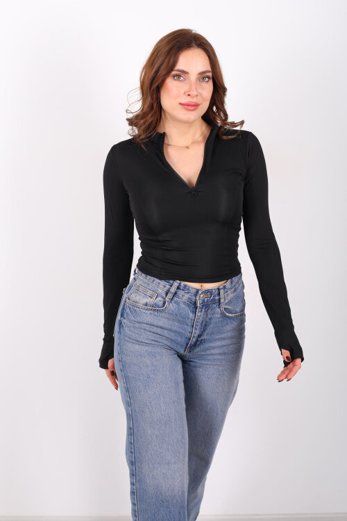 Parmak Geçirmeli Yarım Fermuarlı Siyah Kadın Slim Bluz - 4