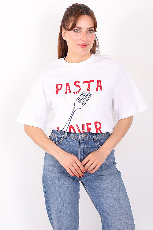 Pasta Lover Baskılı Kadın Beyaz T-Shirt - Berox