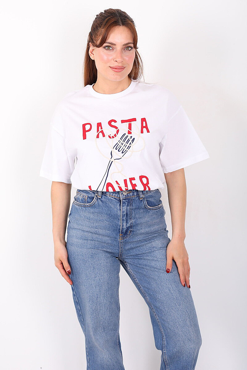Pasta Lover Baskılı Kadın Beyaz T-Shirt - 5