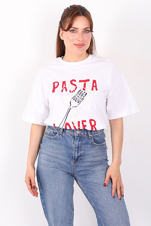 Pasta Lover Baskılı Kadın Beyaz T-Shirt - 3