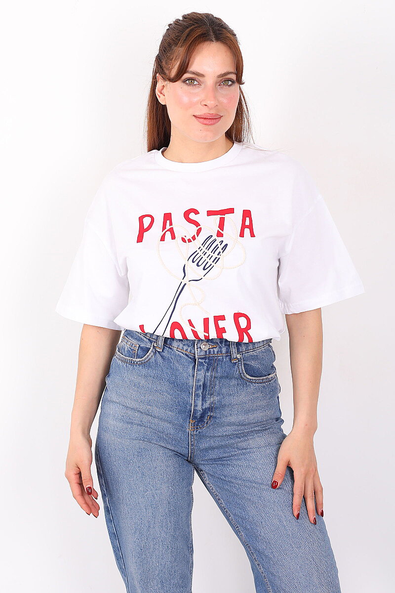 Pasta Lover Baskılı Kadın Beyaz T-Shirt - 3