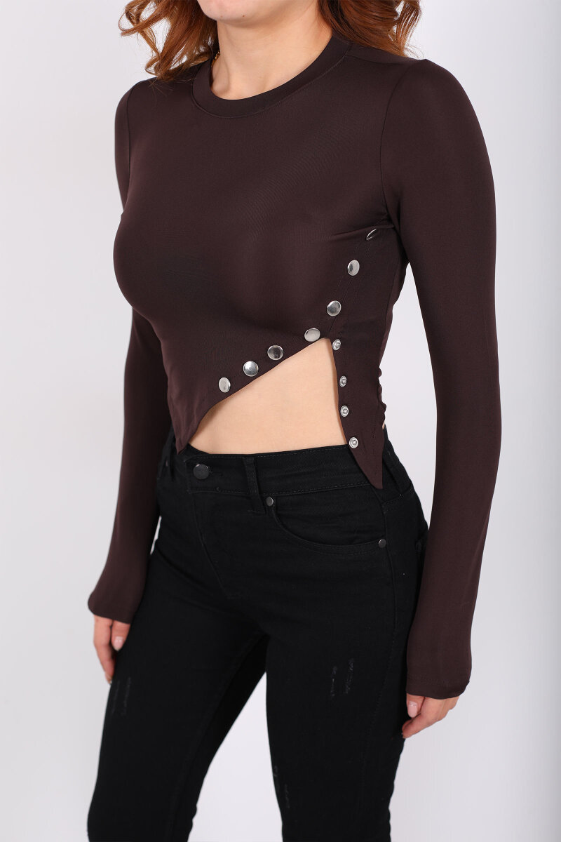 Pat Detaylı Asimetrik Kesim Acı Kahve Kadın Sandy Crop - 2