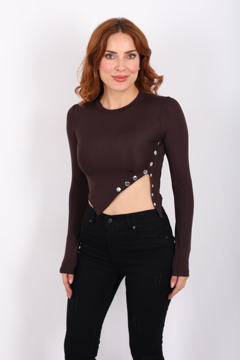 Pat Detaylı Asimetrik Kesim Acı Kahve Kadın Sandy Crop - 6