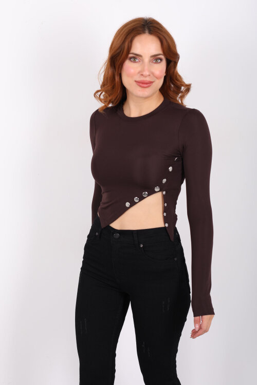 Pat Detaylı Asimetrik Kesim Acı Kahve Kadın Sandy Crop - 3