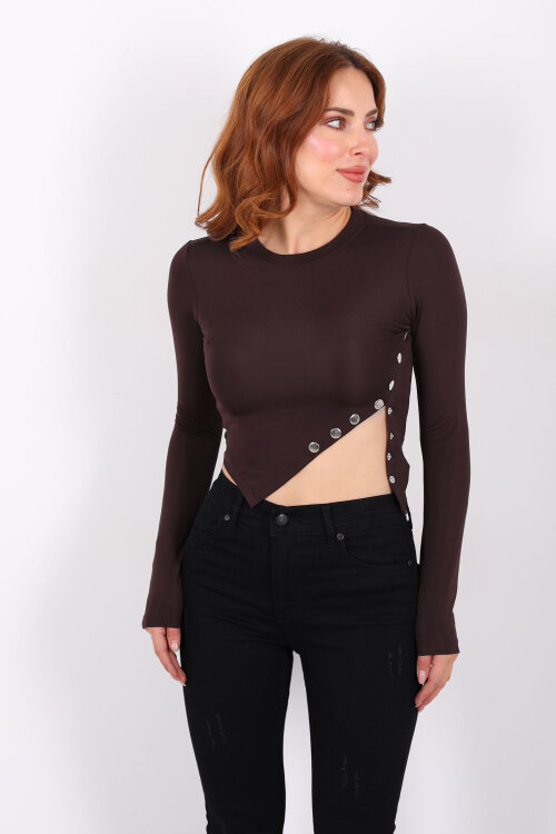 Pat Detaylı Asimetrik Kesim Acı Kahve Kadın Sandy Crop - 4