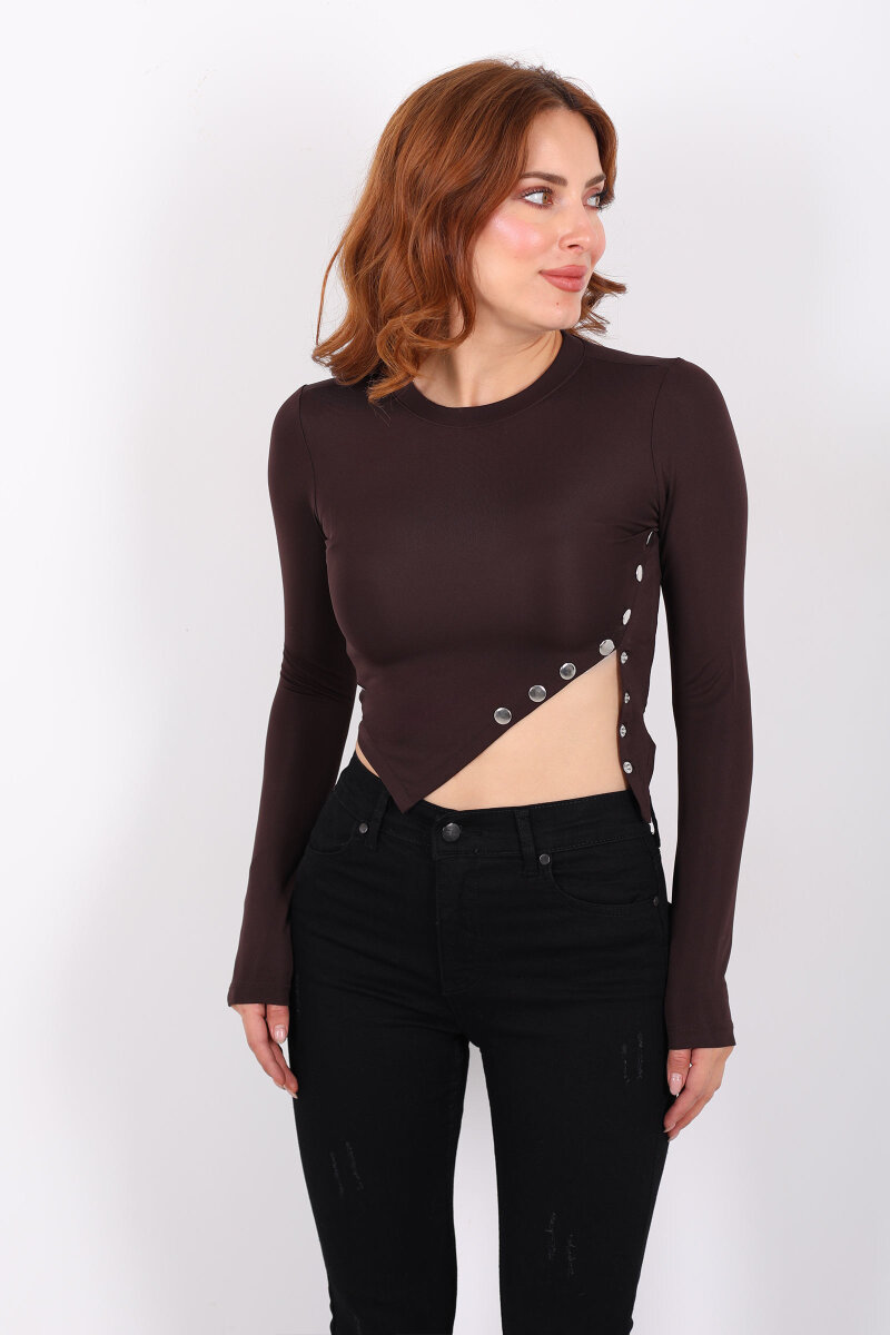 Pat Detaylı Asimetrik Kesim Acı Kahve Kadın Sandy Crop - 4