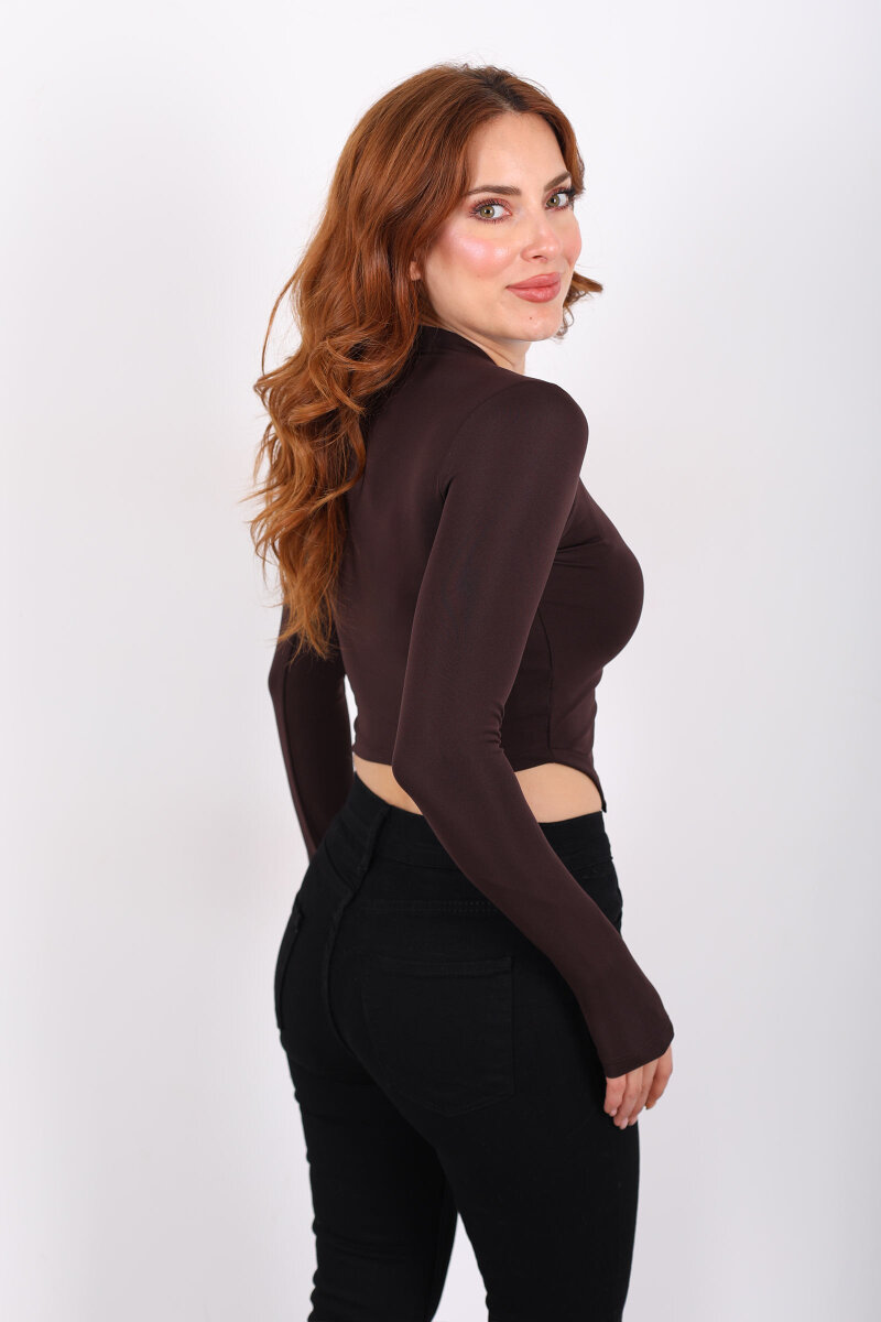 Pat Detaylı Asimetrik Kesim Acı Kahve Kadın Sandy Crop - 5