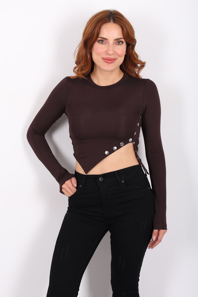 Pat Detaylı Asimetrik Kesim Acı Kahve Kadın Sandy Crop - 1