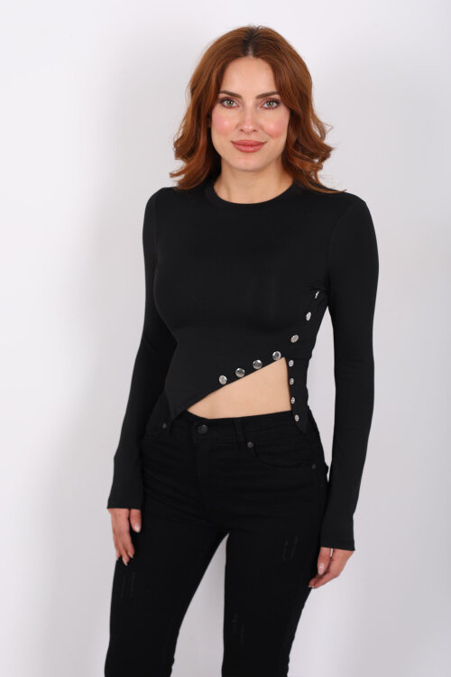 Pat Detaylı Asimetrik Kesim Siyah Kadın Sandy Crop - 6