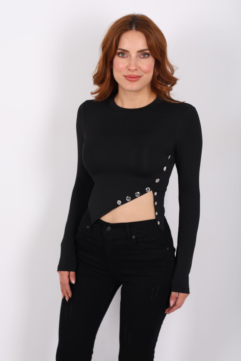 Pat Detaylı Asimetrik Kesim Siyah Kadın Sandy Crop - 6