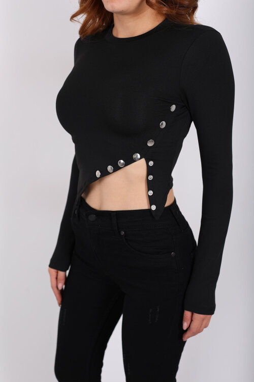 Pat Detaylı Asimetrik Kesim Siyah Kadın Sandy Crop - Berox (1)