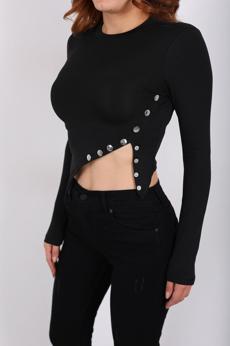 Pat Detaylı Asimetrik Kesim Siyah Kadın Sandy Crop - 2