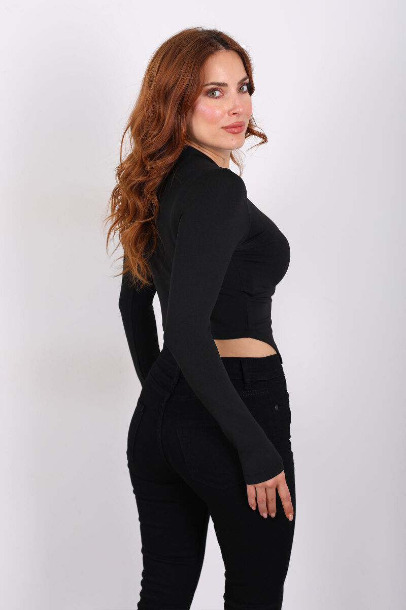 Pat Detaylı Asimetrik Kesim Siyah Kadın Sandy Crop - 5