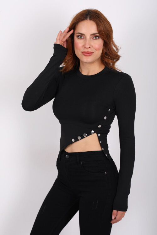 Pat Detaylı Asimetrik Kesim Siyah Kadın Sandy Crop - Berox