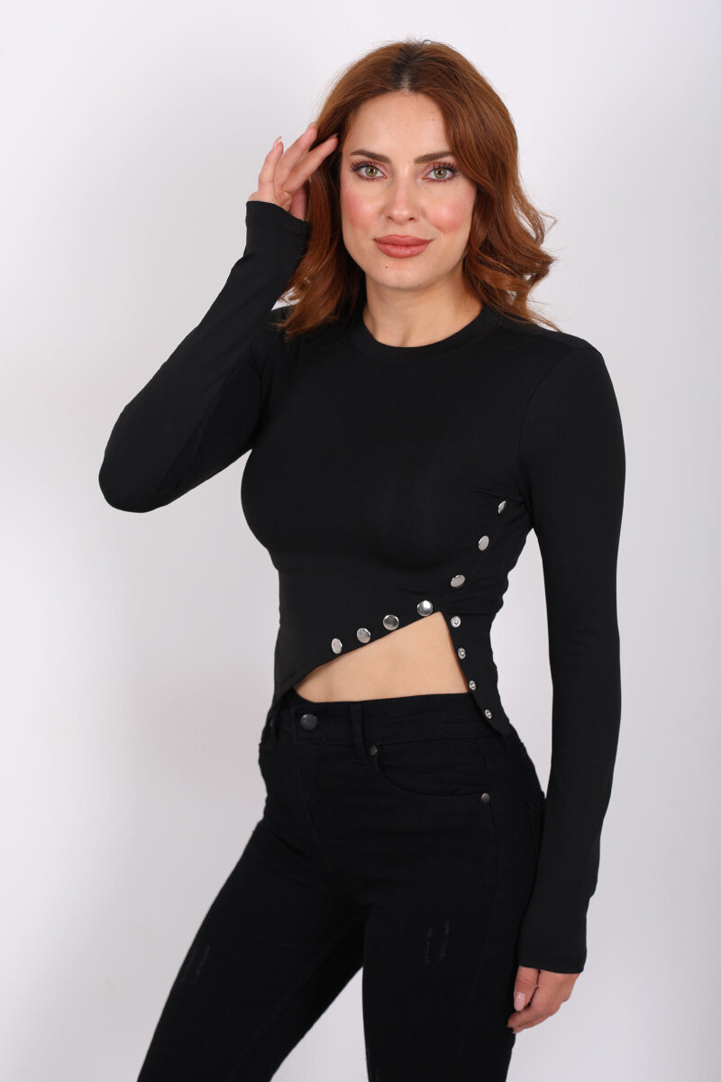 Pat Detaylı Asimetrik Kesim Siyah Kadın Sandy Crop - 1