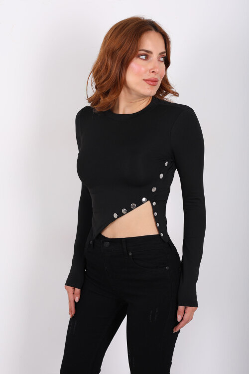 Pat Detaylı Asimetrik Kesim Siyah Kadın Sandy Crop - 4