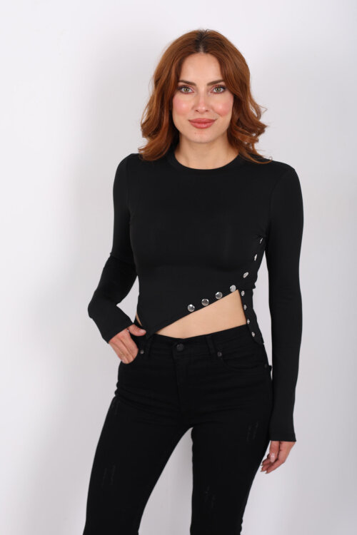 Pat Detaylı Asimetrik Kesim Siyah Kadın Sandy Crop - 3